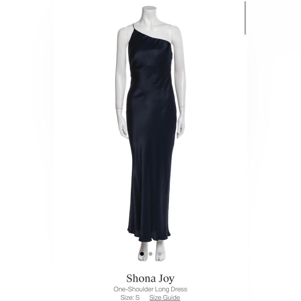 Shona Joy one shoulder navy silk dress